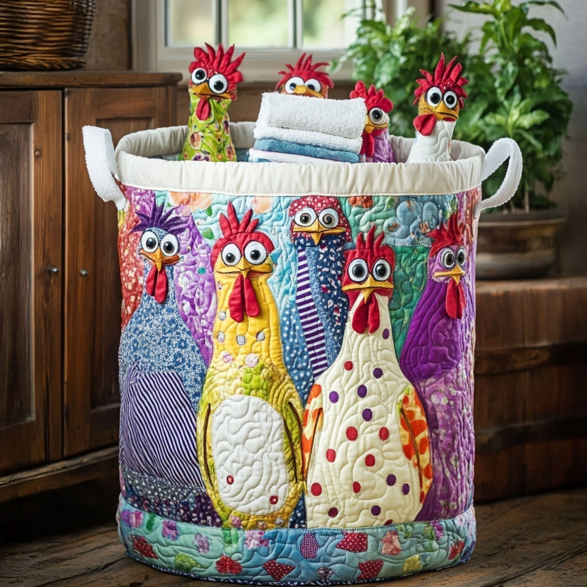 Manuela | Cesto de Ropa Acolchado Gallinas con Estilo