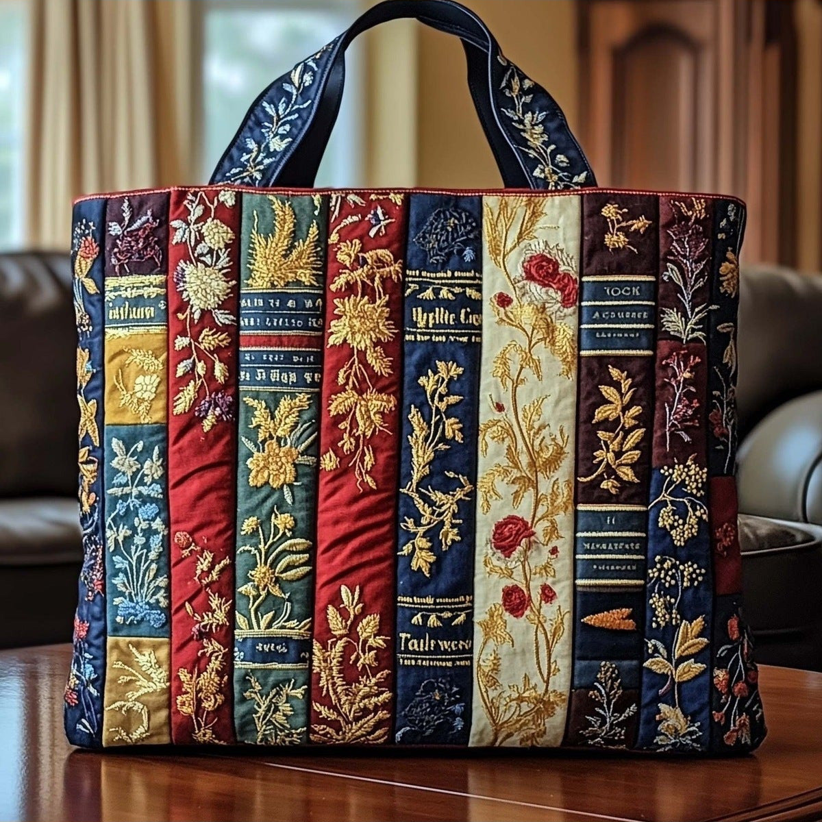 Bethia | Bolso Tote Acolchado Libros y Flores en Verde Salvia