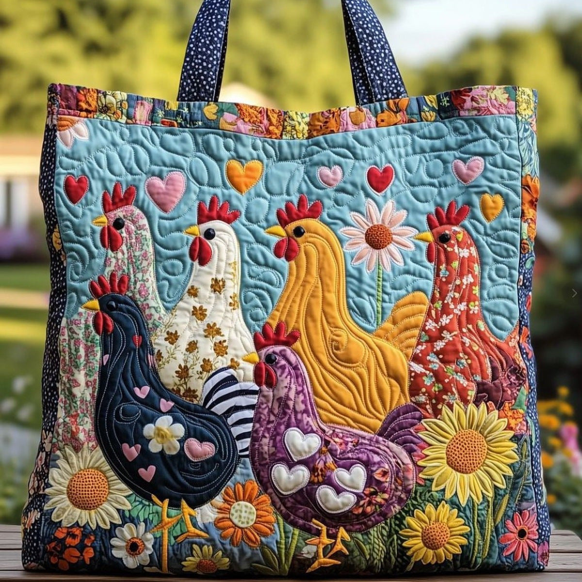 Iolanthe | Bolso Tote Acolchado Gallinas y Corazones en Verde Azulado